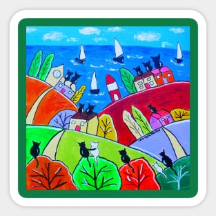 Cats on colourful roofs looking at sailing boats Sticker